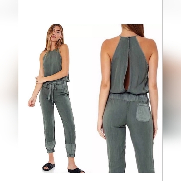 Young fabulous Broke Diego Jumpsuit Small  Green Linen Blend Open Back - Picture 1 of 11